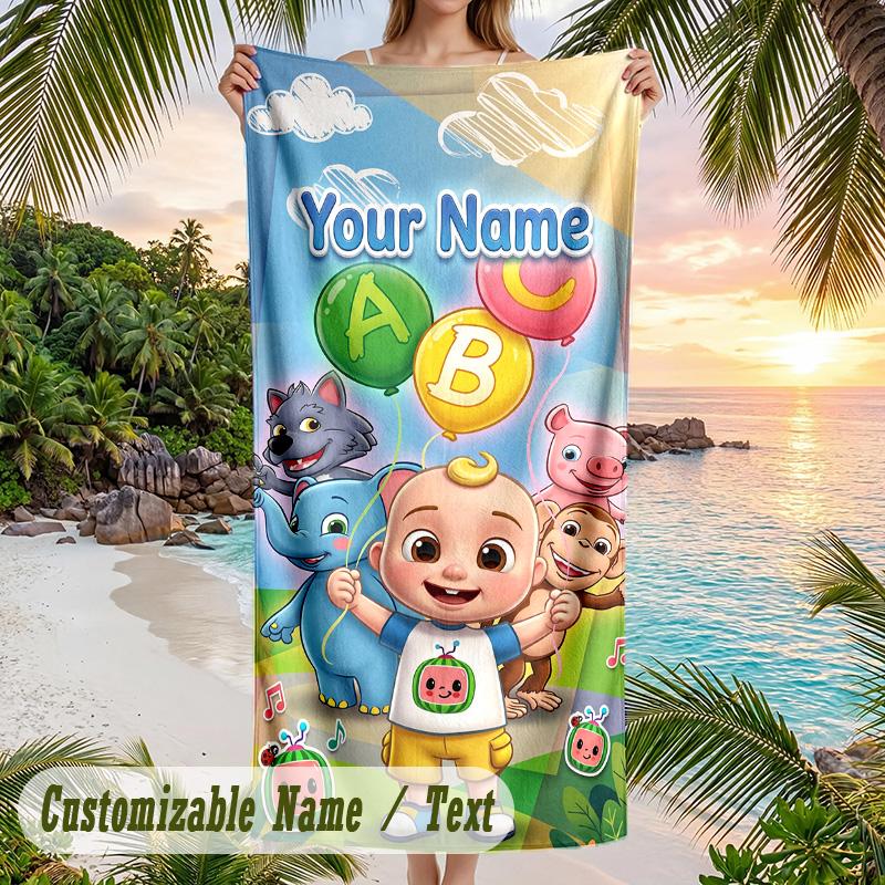 Cocomelon Beach Towel, Personalized Custom Text, Quick Dry Soft Large Towel For Swimming Pool Travel
