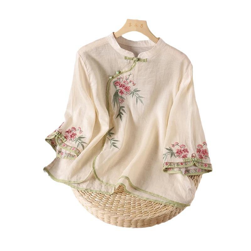 Летняя новая рубашка-топ с ретро-пряжкой, воротником-стойкой, косой застежкой, в этническом стиле, вышитая, из хлопка и льна, с рукавами три четверти, для женщин