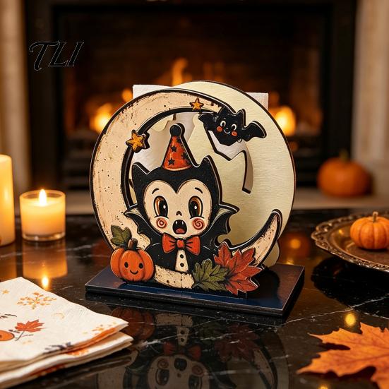 Kitchen Countertop Decoration Halloween Wood Napkin Holder, Rustic Ghost Skeleton Owl Pumpkin Dispenser, Tissue Holder Vintage Tabletop Standing