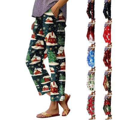 Женские модные повседневные брюки с прямыми карманами и эластичной талией с рождественским принтом