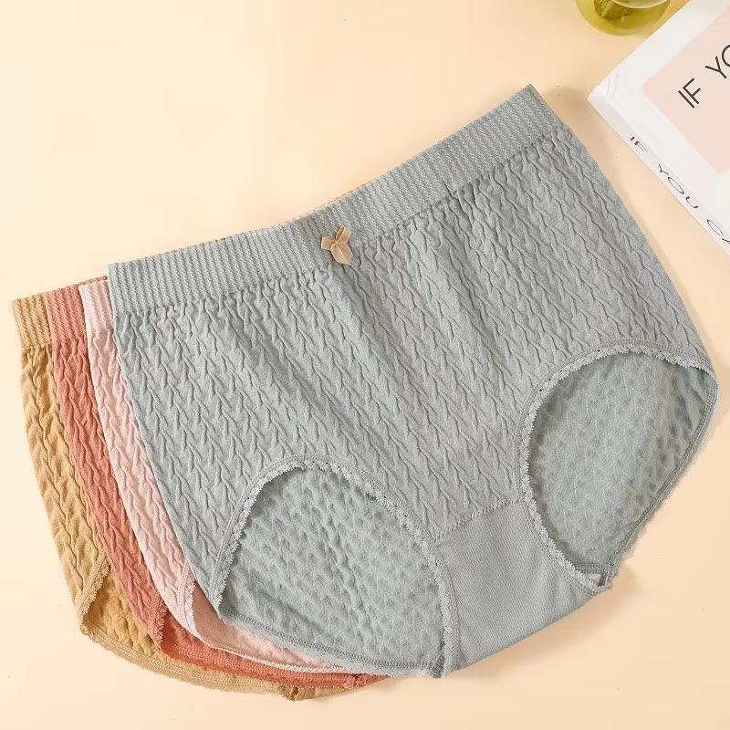 Bubble Design Panties Solid Color Plus Size High Waist Cotton Underpants Belly Control Briefs Women's Underwear