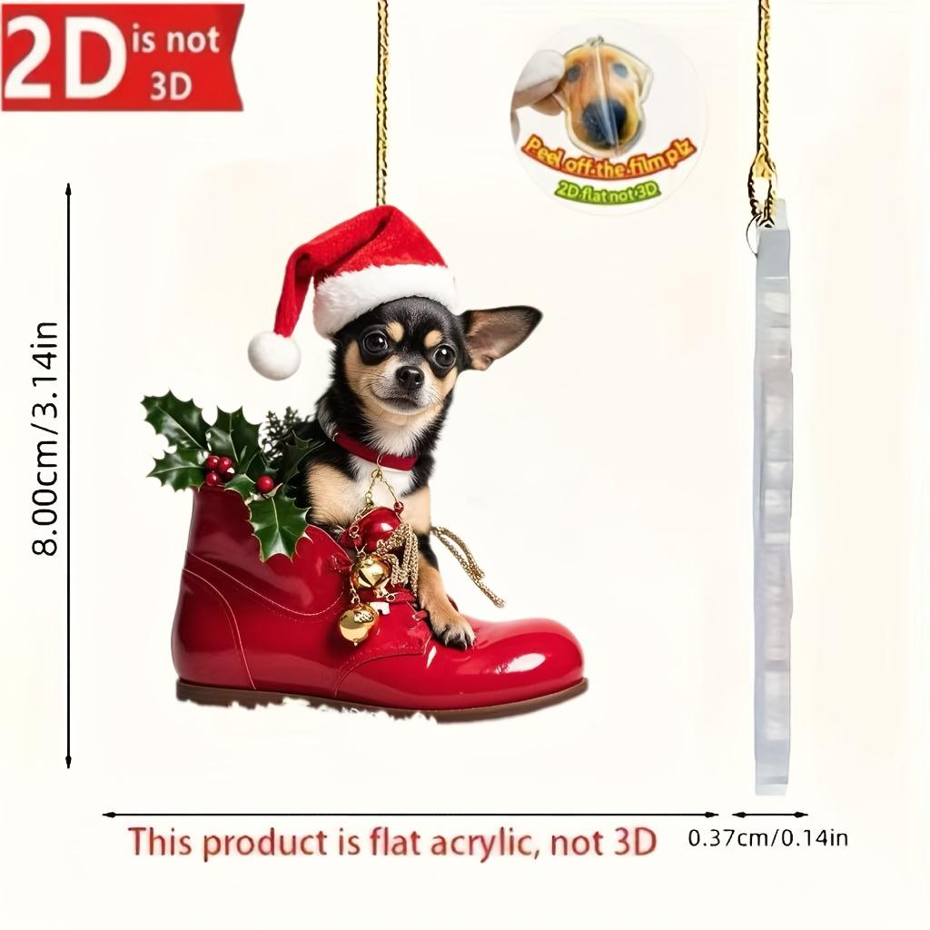 2D Flat, 1pc Cute Chihuahua Dog Christmas Ornament with Santa Hat & Red Boot - 2D Flat Acrylic Hanging Pendant for Indoor/Outdoor Tree Decorations, Li