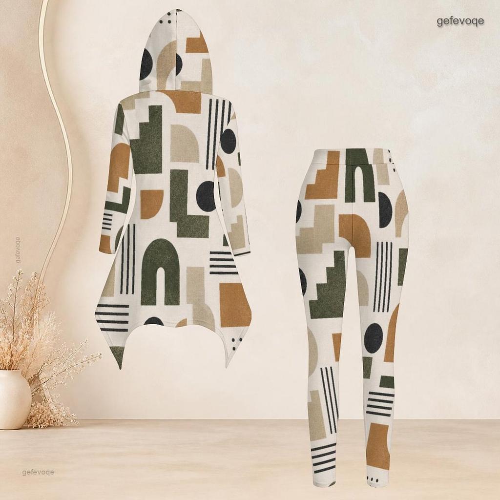 Women Plus Size Black White Gray Printed Hooded Long Sleeve High Low Top Fitted Pants Two Piece Set