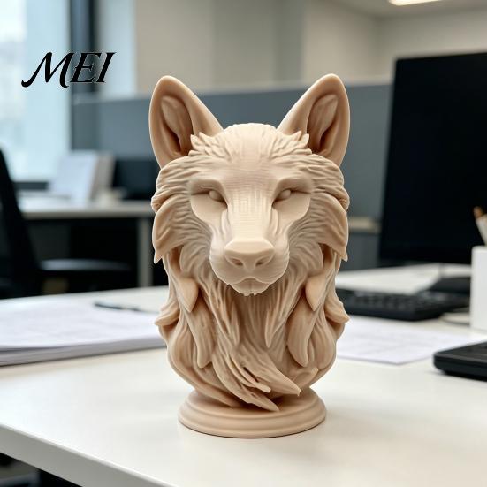 Wolf Head Decoration 3D Printed Figurine, Realistic Statue with Round Durable Desk Ornament Base, Wild Animal Sculpture for Home Office Bookshelf