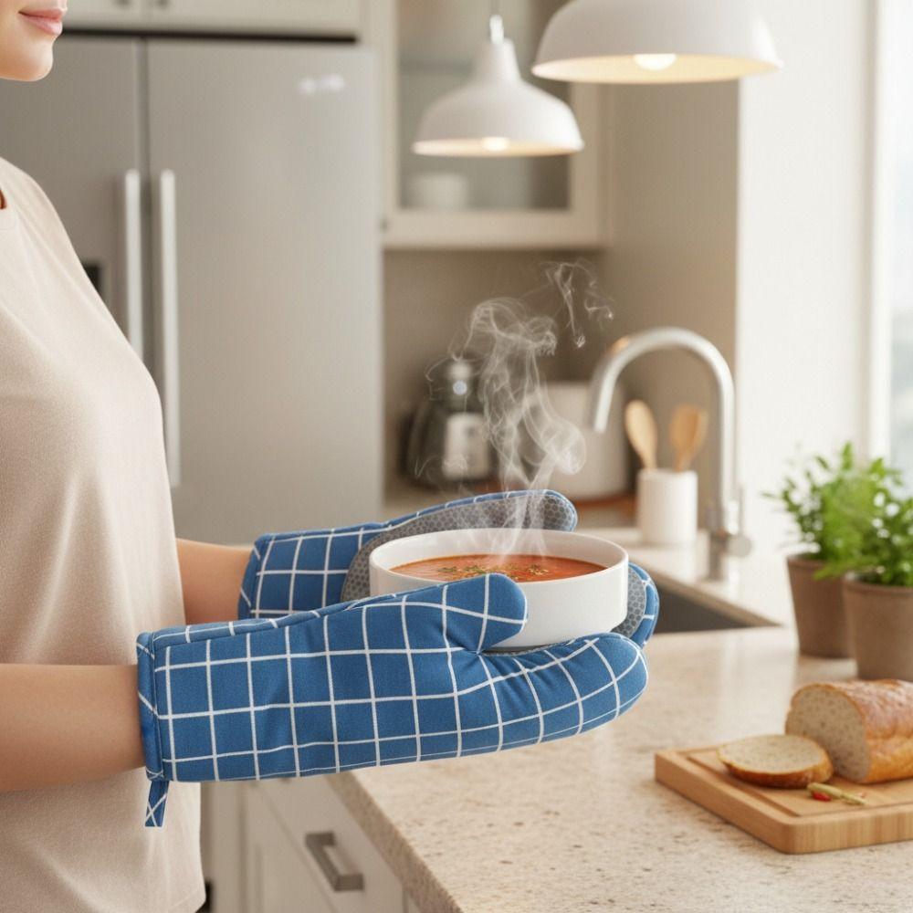 1 Pair Non-slip Kitchen Microwave Gloves Cotton Lining Heat Insulated Gloves Oven Gloves Pot Lid