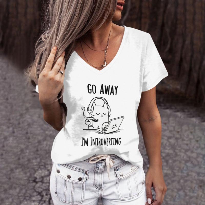 European and American Women's V-neck T-shirt Personalized Cartoon Cat Pattern 3D Printed Short Sleeve Fashion Trend Top