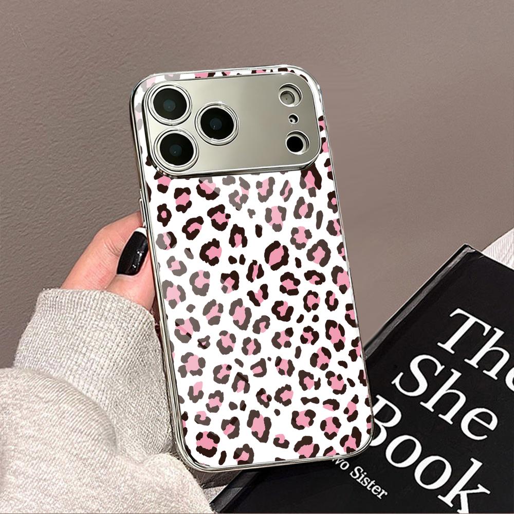 Fashion Leopard Cute Phone Case For iPhone 17 16 15 14 13 12 Pro Max Plus Electroplated Metal Shockproof Bumper Case Glass Back