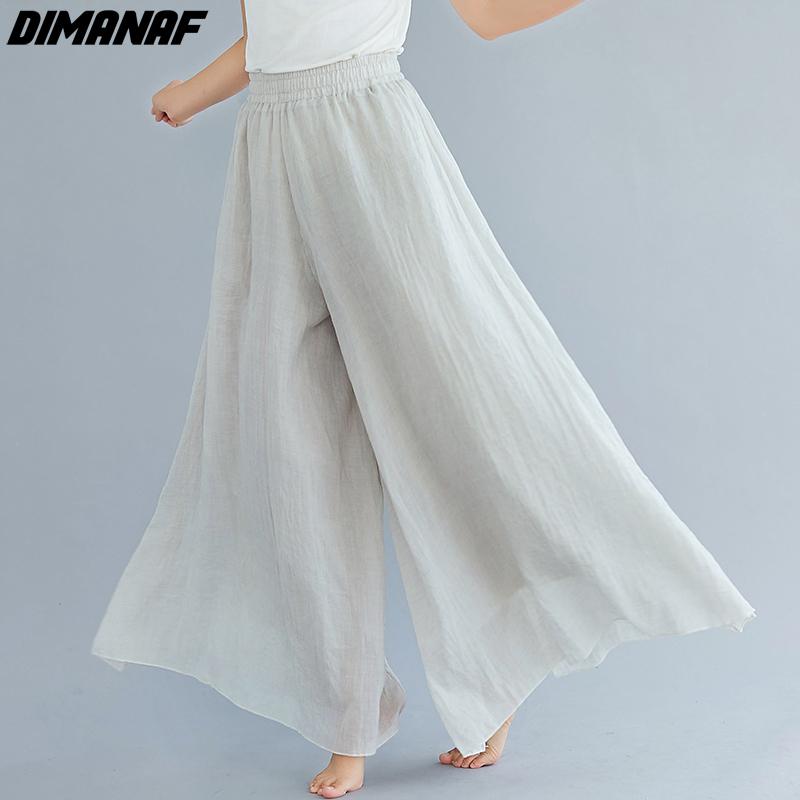 Dimanaf Plus Size 2021 Women Linen Pants Elastic Vintage Korea Basic Female Large Size Fashion Slacks Wide Leg Oversize Loose Pants