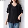 MODIQUE Весна Лето Большой Размер Новинка Женская Свободная Винтажная Однотонная Черная Полосатая Блузка Рубашки Женская Повседневная Оверсайз Короткий Рукав V-образный Вырез Топ