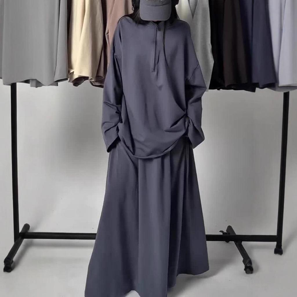 2025 Women's Casual Loose Drapey Half-Zip Top & Skirt Two-Piece Set