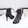 FHC 9.5CM Women High Heeled Sandals Boots,Summer Ankle Botas,Hollow Out Mesh Shoes,Peep Toe,Black,Apricot,Front Laces.Dropship