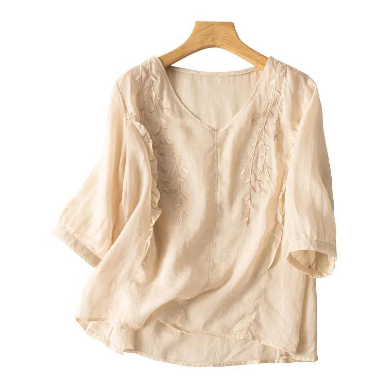 Женские вышитые ретро-топы из хлопка и льна - лето 2024 г., свободный крой, универсальный этнический стиль