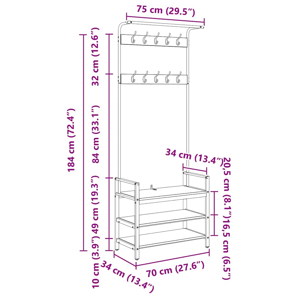 Coat Rack Stand Reclaimed Wood Look 75 x 34 x 184 cm Engineered Wood