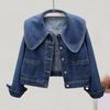Женская джинсовая куртка в стиле ретро, однобортная, с кукольным воротником, длинными рукавами, однотонными боковыми карманами, женское пальто для поездок на работу и шопинга