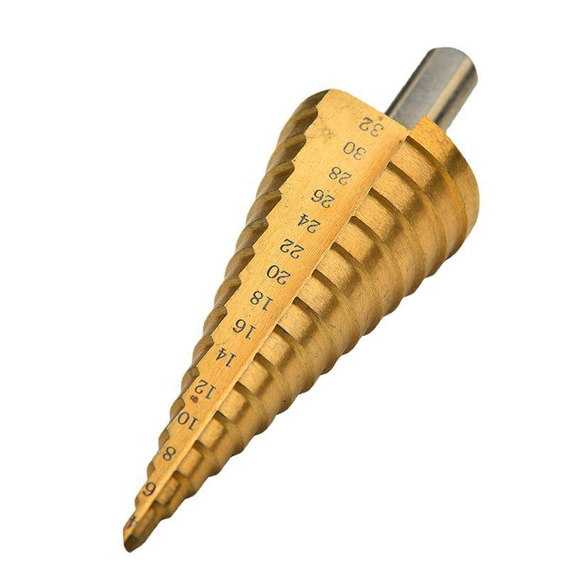 Large Titanium-Plated Step Drill Set: 4-32mm, 4-20mm, 4-12mm, Triangular Handle, Straight Flute, Pagoda Hole Opener