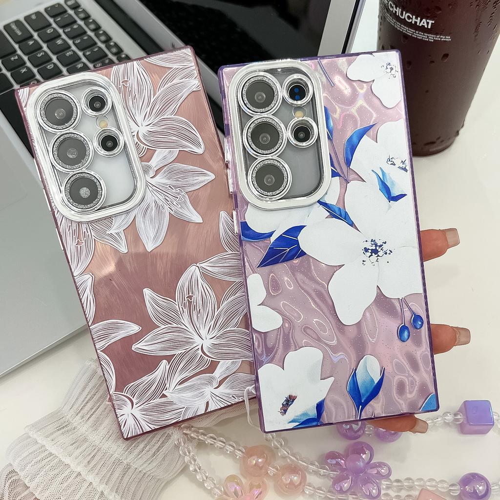 Samsung S25 Ultra Mobile Phone Case Laser Texture Flower and Grass Lens Film S24FE Bracelet A56 Electroplated Hard Shell