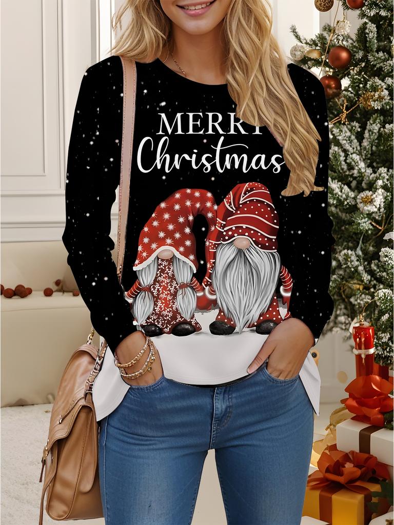 Tops for Women 3D Christmas Print Round Neck Long Sleeve T-shirt Fall Casual Slim Pullover Women's Long Sleeve Top
