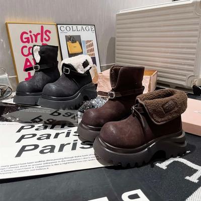 Женские зимние ботинки 2025 новые короткие ботинки Мартина с присборенным голенищем, маленькой толстой подошвой, увеличивающие рост, с отворотом, пушистые хлопковые ботинки Birkenstock