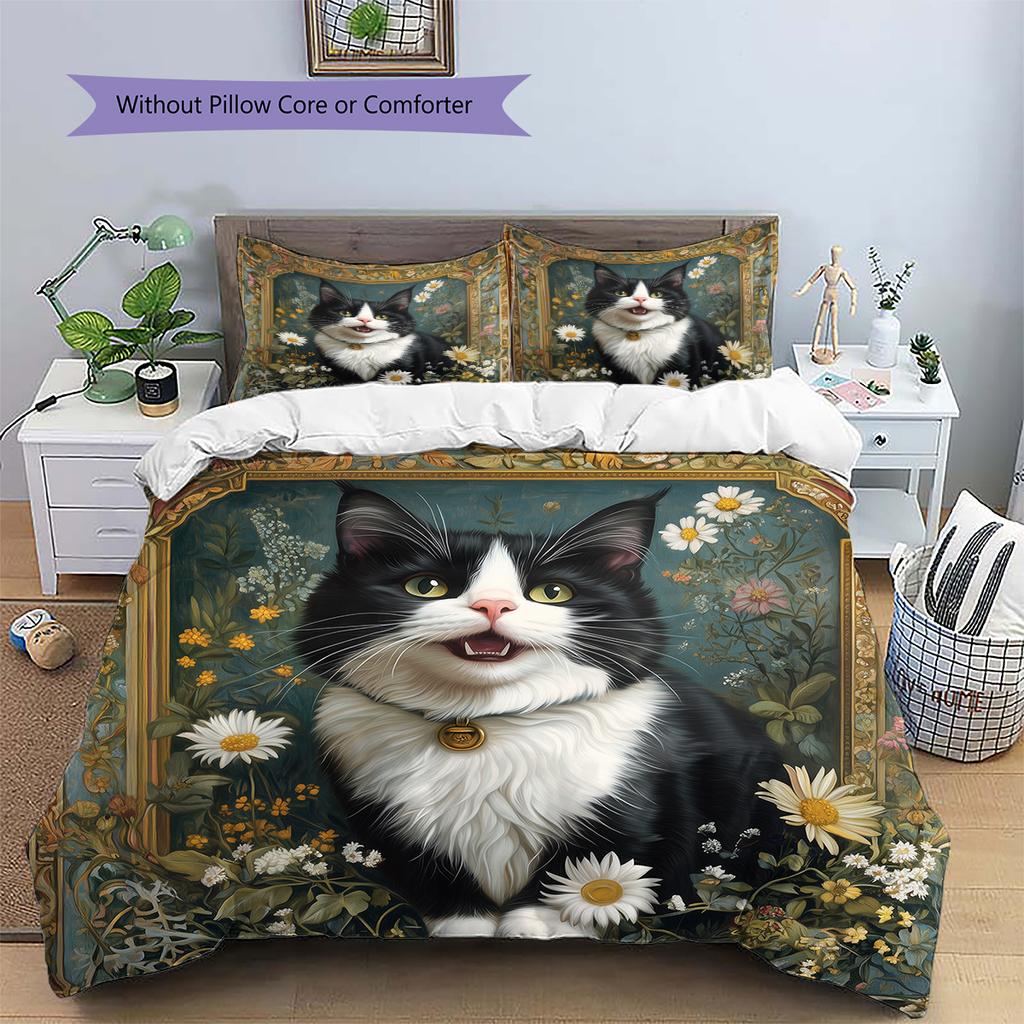 Beautiful Cow Cat Pattern Bedding Home Decoration Birthday Gift (1 * duvet cover + 2 * pillowcase, without core)