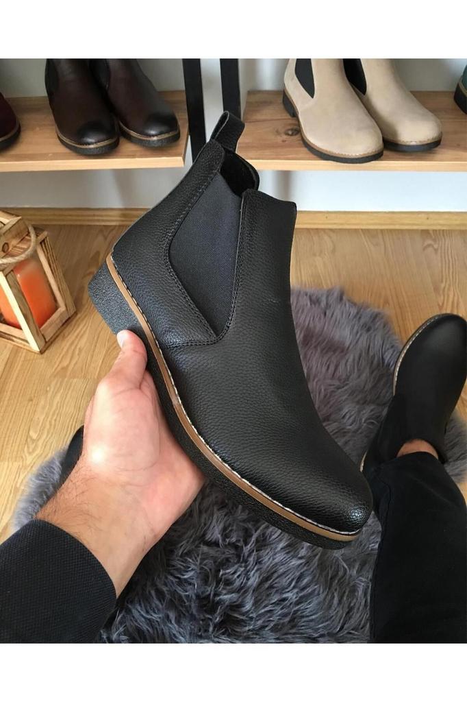 Men's Fashion Faux Leather Thick Heeled Booties Black Chelsea Daily Comfortable Ankle Boots Shoes