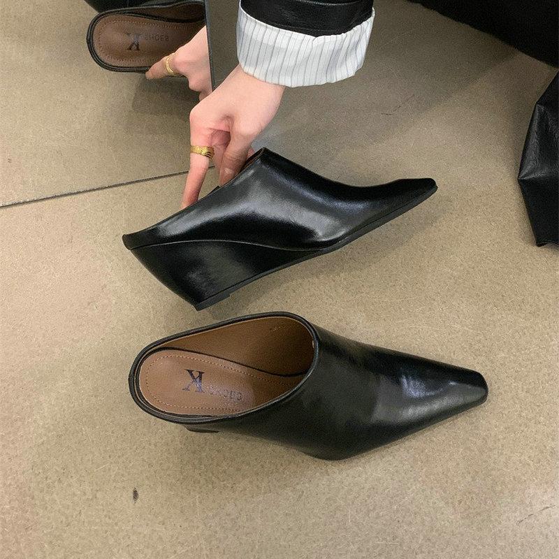 Fashion Half Slipper Women Soft Leather Small Square Wedge High Heels Fashion Wear Lazy Mugler Shoes