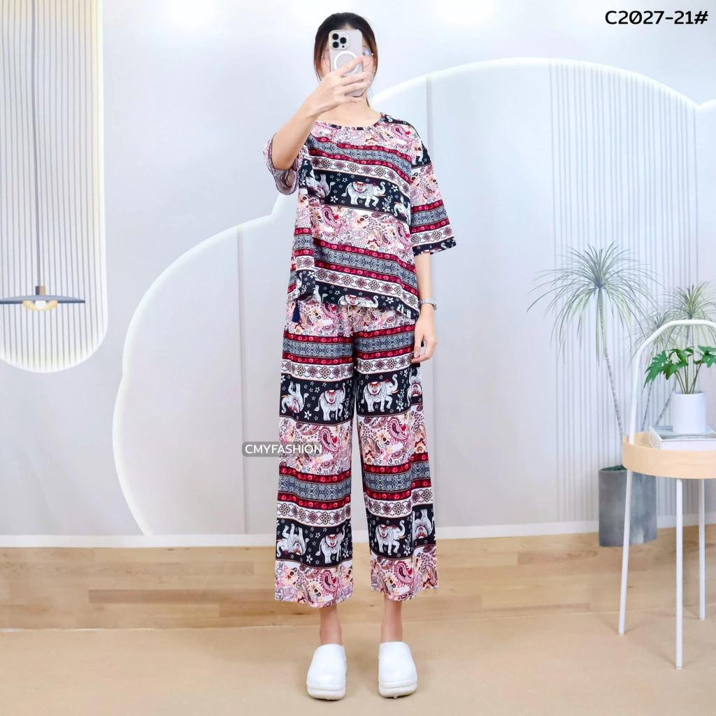 Слон Штаны Шорты Рубашка Комплект Круглый Вырез Укороченный Короткий Рукав Регулируемый Эластичный Пояс Завязка Женский Принт Повседневный Пляжный Бохо Богемный Ретро Винтаж