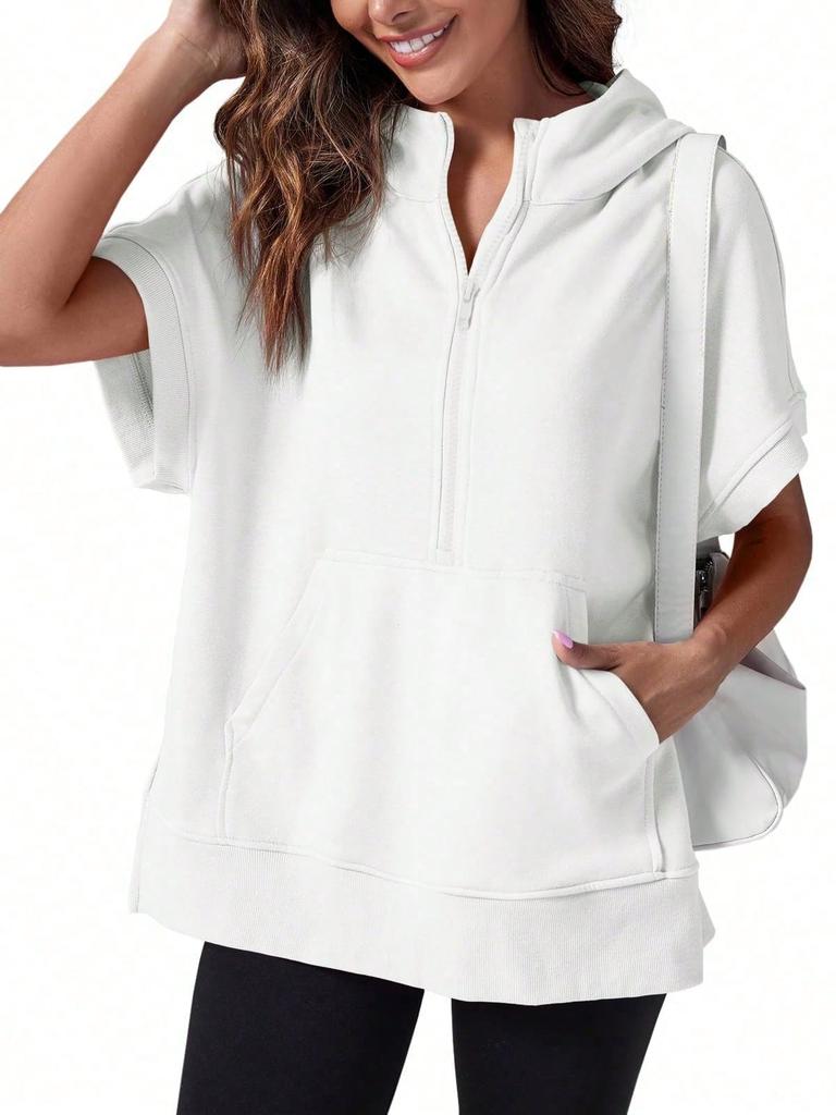 Women's Oversized Half Zip Hoodie Short Sleeve Pullover Sweatshirt Top with Pockets