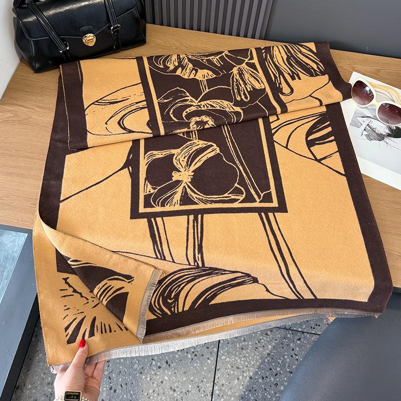 Retro Printing Contrasting Colors Double-sided Imitation Cashmere Scarf Winter High-end Warm Shawl Women