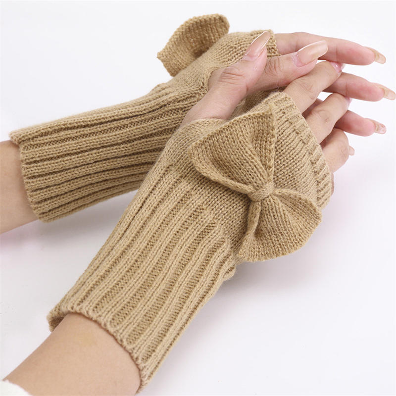 Women Short Bow Cable Knitted Warm Fingerless Gloves Outdoor Stretchy Arm Warmers Office Typing Wrist Gloves