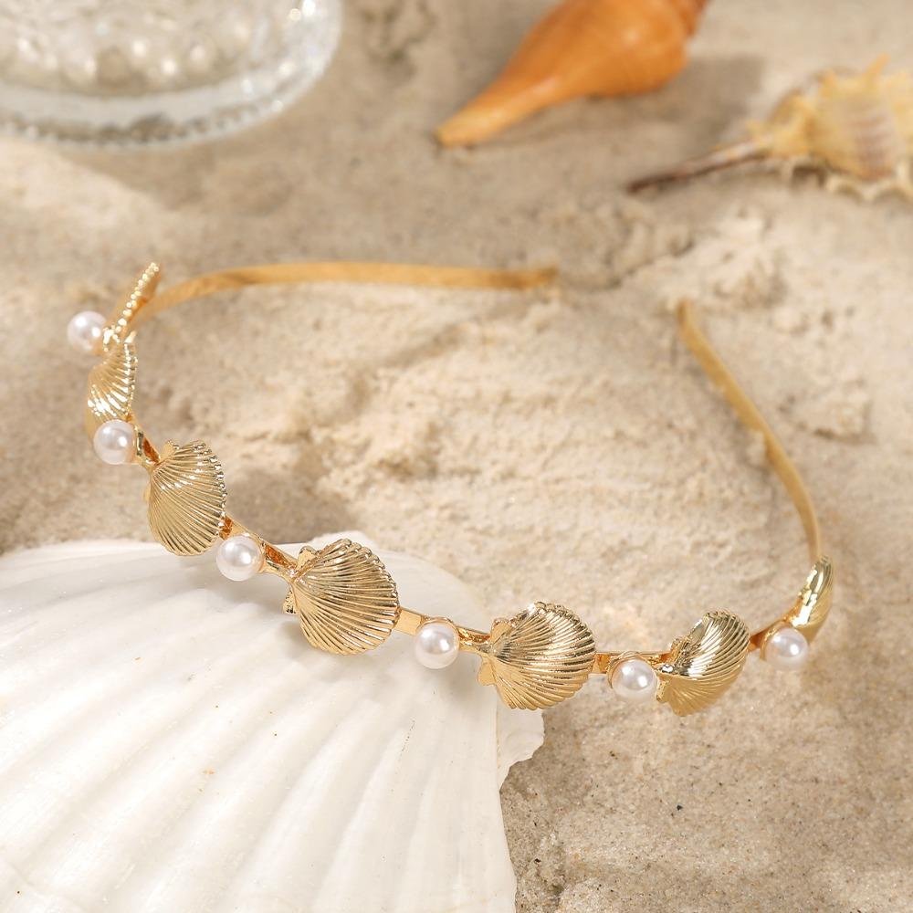 Silver Metal Hairband Gold Color Pearl Hair Hoop Starfish Shell Headband Vacation