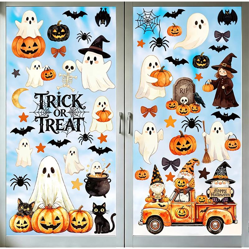 Halloween Window Stickers 9 Sheets Large Ghost Pumpkin Bat Clings for Glass Window Static Decals No Residue Reusable Home Decor