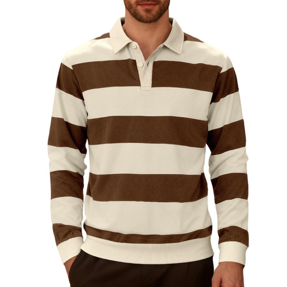 Men Long-sleeved T-shirt 2025 Autumn New Fashion Trend Striped Printing Casual Loose Outdoor Camping Lapel Top Couple POLO Shirt