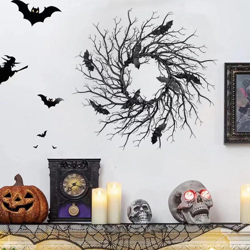 Венок на Хэллоуин в виде летучей мыши, черные венки из веток с красной светодиодной подсветкой, венок на Хэллоуин в виде летучей мыши для украшения дома на вечеринку в честь Хэллоуина