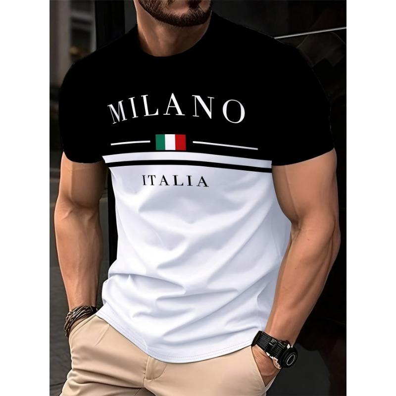 Italia Milano Letter Pattern 3D Prited Men's Tshirts Short Sleeve Casual Tops Mens O-neck T-shirt Boys Loose Streetwear