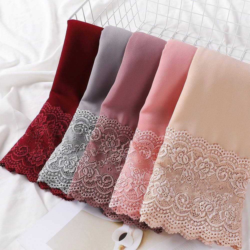 Solid Color Silk Scarf Lace Edge Ramadan Headscarf Versatile Headwraps Women Headwear