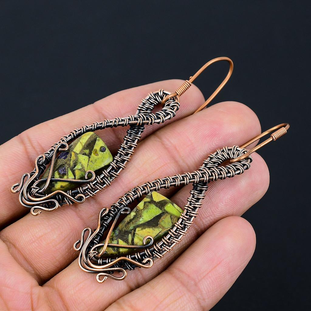 Copper Green Turquoise Handmade Copper Wire Wrap Earring 2.95 N9U23