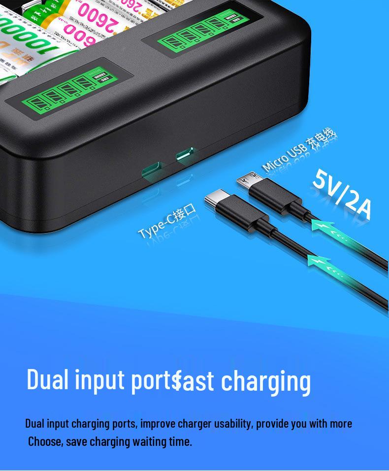 Eight-Slot USB LCD Universal Charger for AA/AAA/C/D Ni-MH Batteries with Type-C Charging
