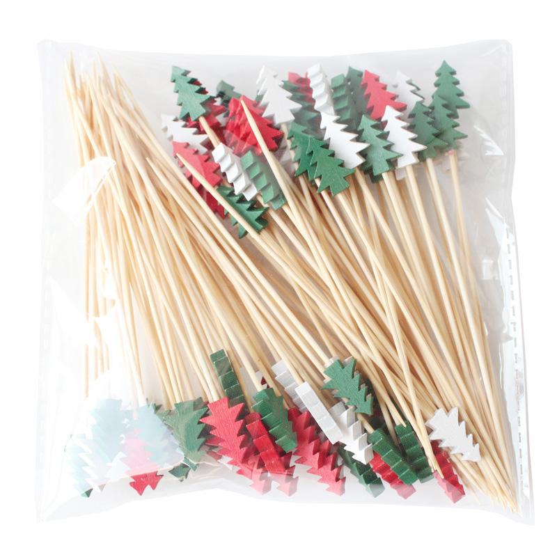 100Pcs/pack Christmas Fruit Skewers Disposable Bamboo Sticks for Fruit Dessert Cake Christmas Tree Bamboo Skewers Xmas Ornaments