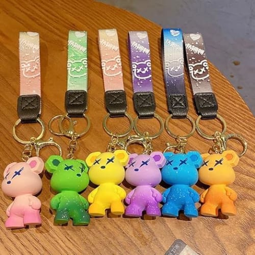LeChengMM generic men's and women's keychain, cute brightly colored bear keychain, creative braided rope resin animal pendant, metal keychain. Purple