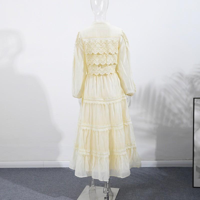 Vintage French Collar Lace Embroidered Long Dress Hollow Lantern Sleeve Elegant A-line Women