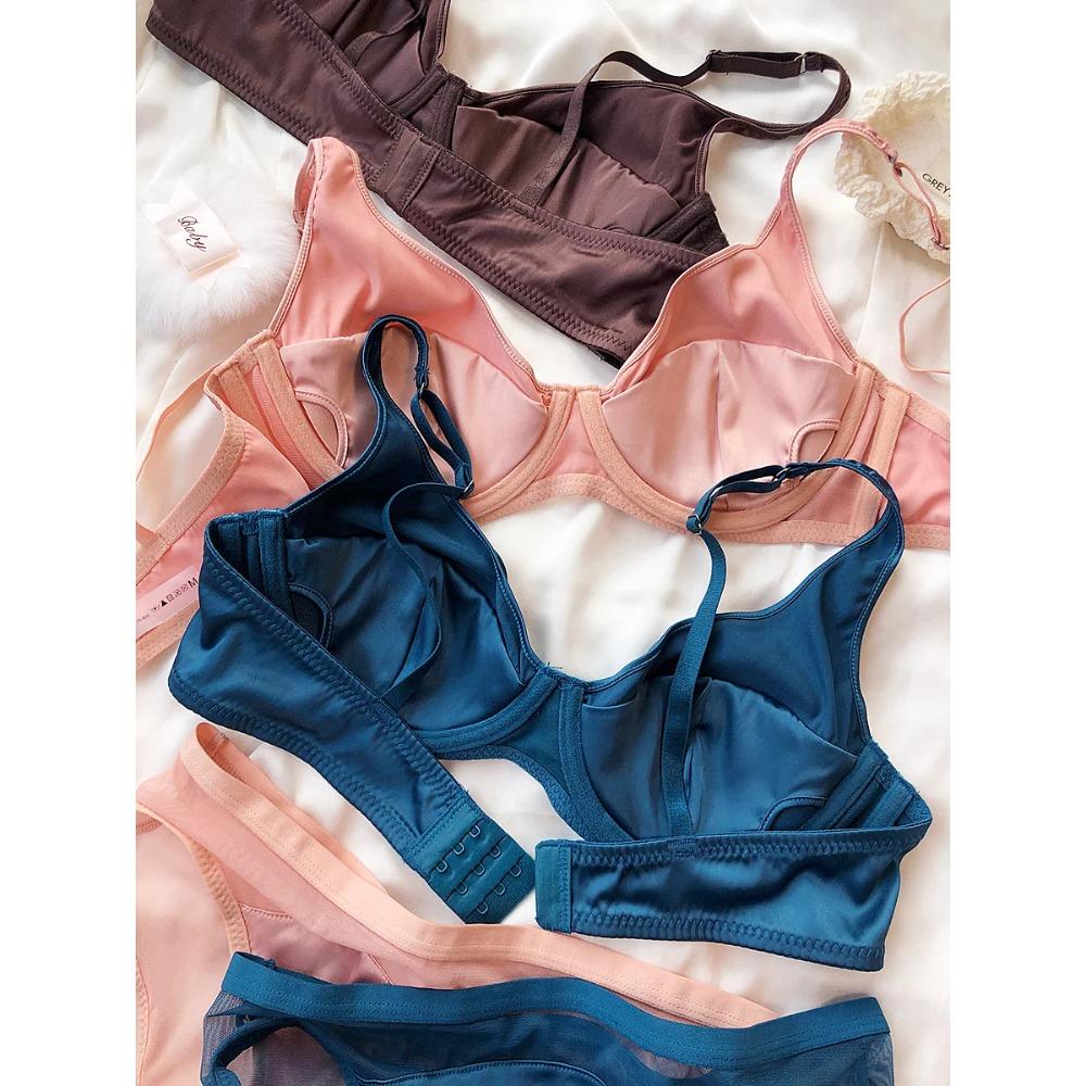 Women Ice Silk Comfort Underwear Sexy Small Breast Push Up Bra Set Detachable Padding Thin Cup Brassiere Intimates Panties Set