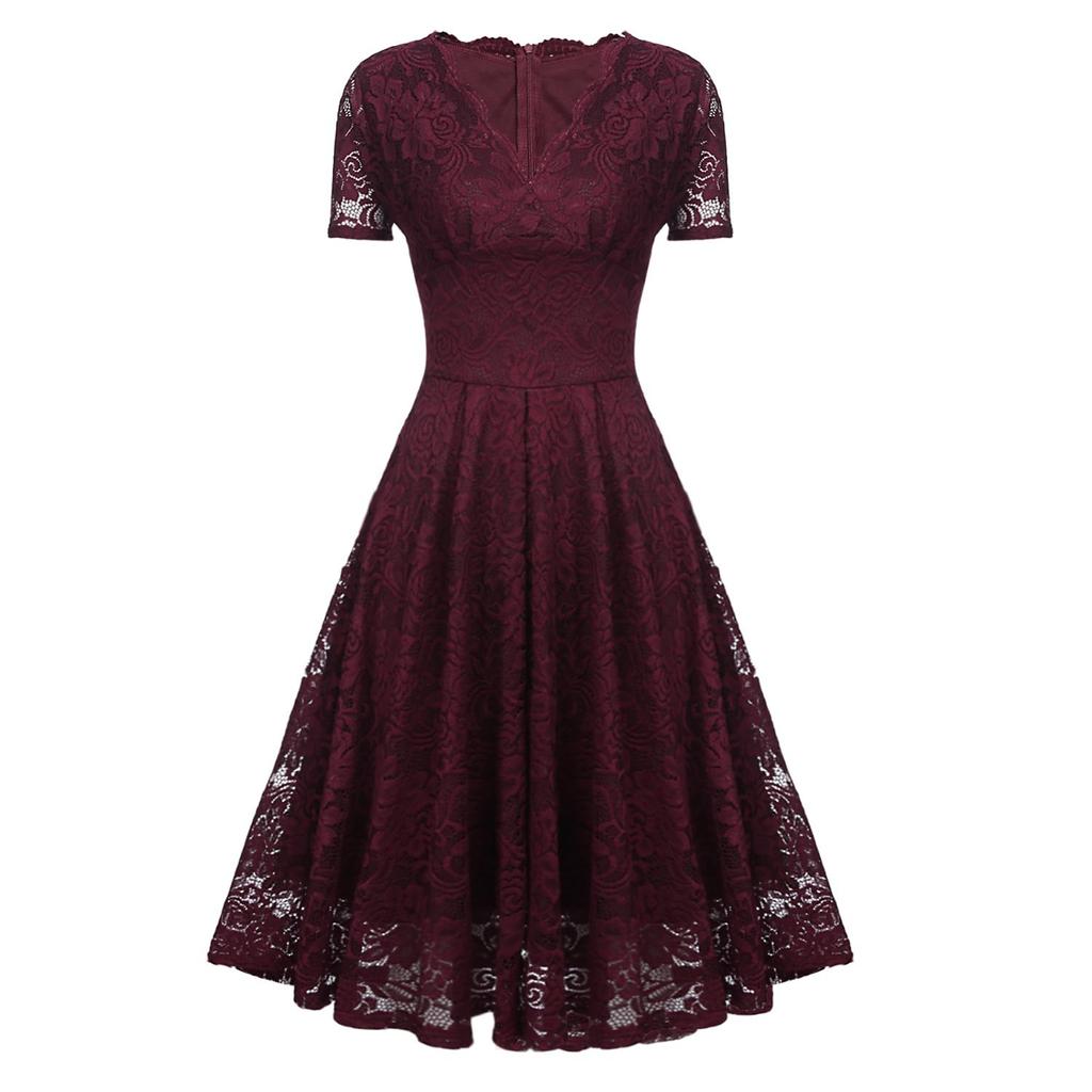 Женское кружевное платье миди с V-образным вырезом и короткими рукавами, приталенное по талии, для выпускного вечера, подружки невесты, гостя на свадьбе, вечеринки, коктейля, вечернего мероприятия