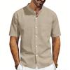 Men's Linen‑Blend Mandarin Collar Short‑Sleeve Shirt, Stand Collar Button‑Down with Chest Pocket, Breathable Relaxed‑Fit Casual Summer Top for Daily