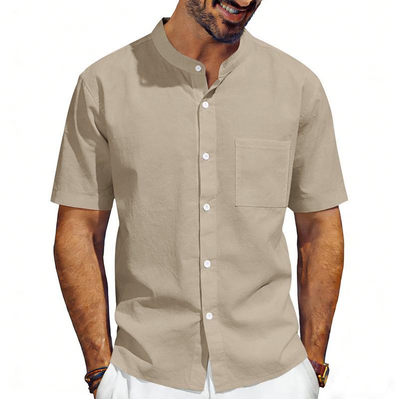 Men's Linen‑Blend Mandarin Collar Short‑Sleeve Shirt, Stand Collar Button‑Down with Chest Pocket, Breathable Relaxed‑Fit Casual Summer Top for Daily