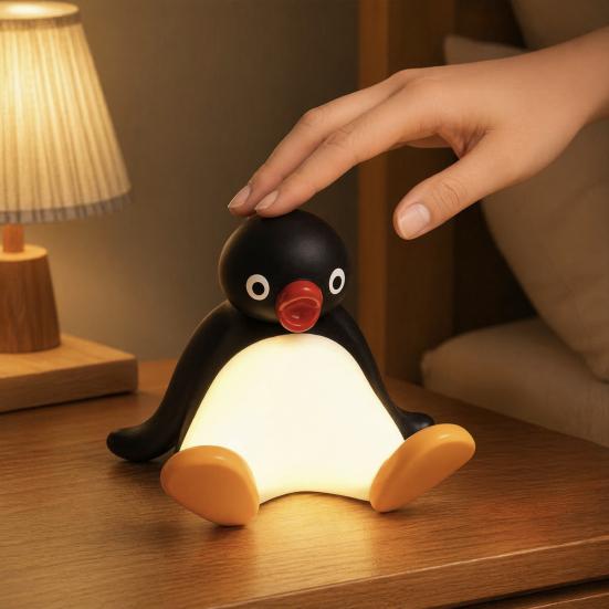 Cute Room Decor Penguin Night Light with Phone Stand, Touch Sensor Light, Dimmable Bedside Versatile Figurine USB Rechargeable Pat for Bedroom Nursery