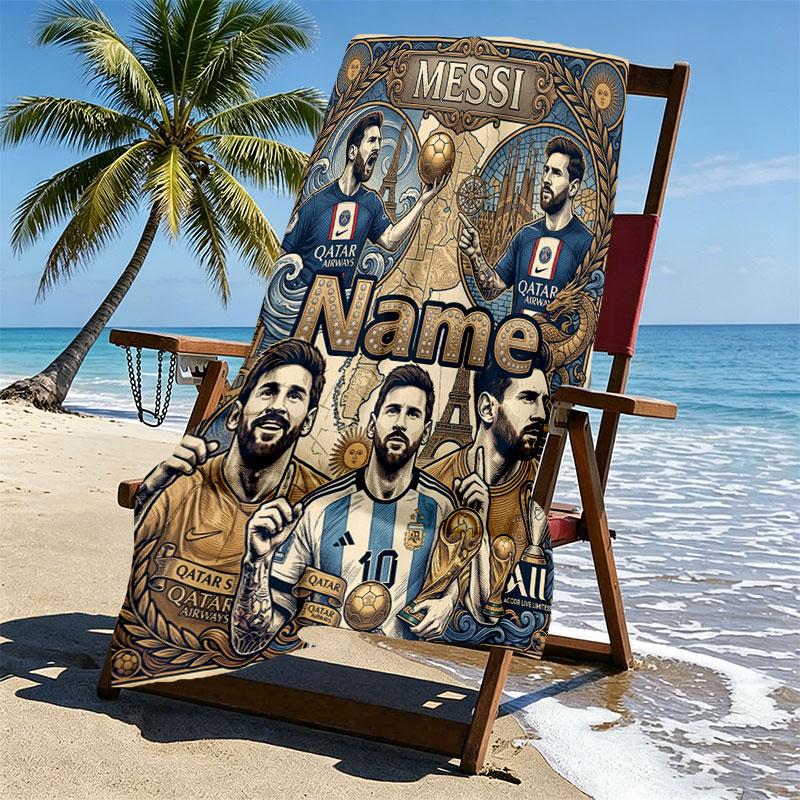 Custom Name Personalized Lionel Messi Print Beach Towel, for Trip Camping Beach Party Home Decor, Birthday Gift for Family & Friends