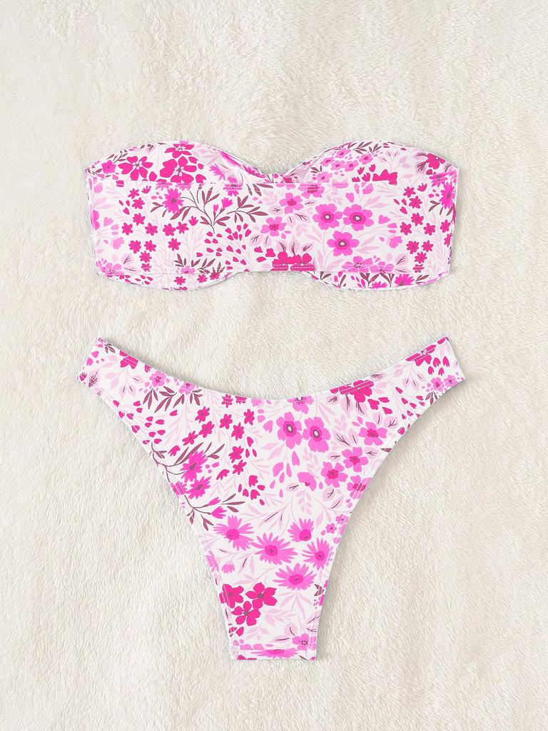 1011 new swimsuit female sexy split floral bikini bikini tube top hollow swimsuit female