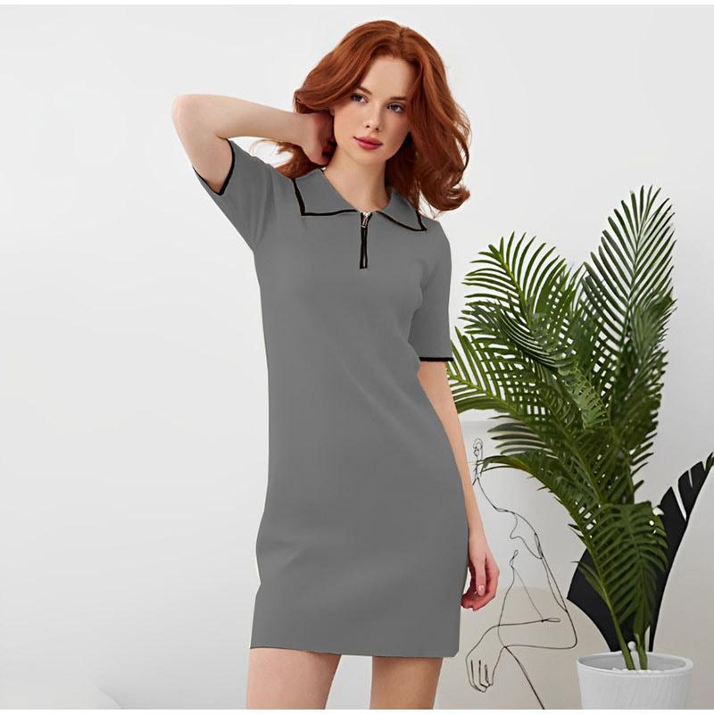 Elegant Women's Short Dress Turn-Down Collar Short Sleeve Zipper Casual Lady Dresses 2025 Spring Summer Fashion Female Dress