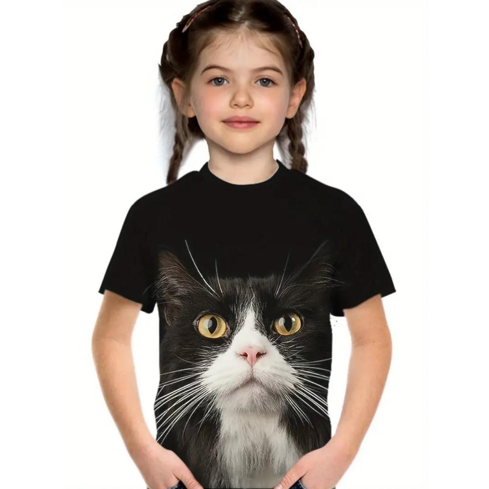Cool Cat Girl Clothes Fashion Animal Print Summer Short Sleeve Tee Casual Loose Kids Top Outdoor Comfortable Children's Clothing