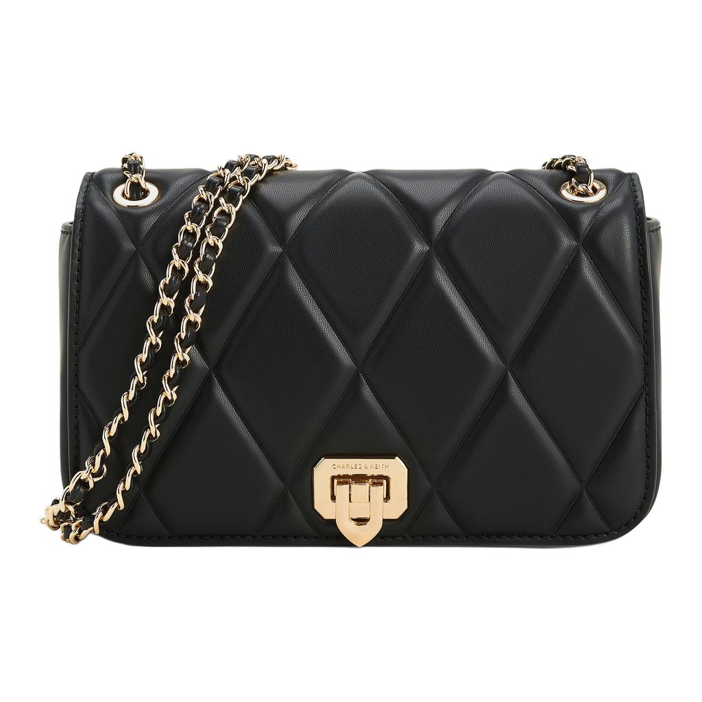 Charles & Keith Fashion Quilted Chain PU Crossbody Bag Small Women bags Cream Black Light-Pink CK2-20671747
